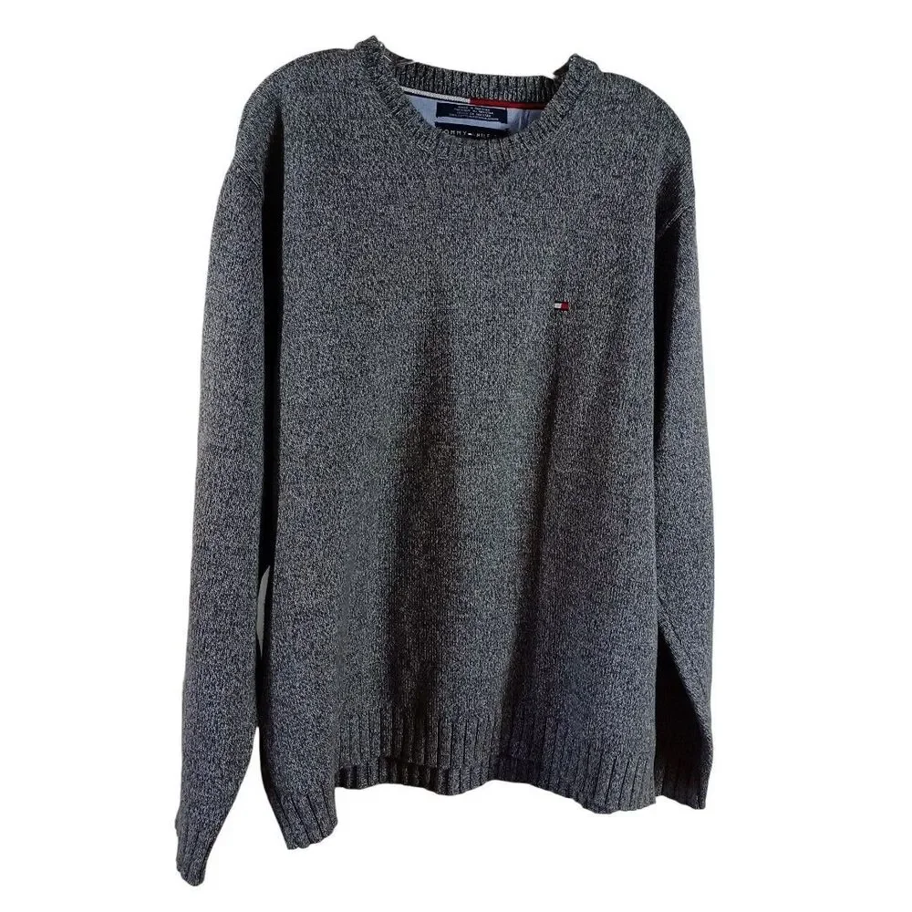 Tommy Hilfiger Sz L Academia Preppy Crew Neck 100% Cotton Grey Embroidered Logo